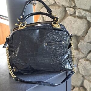Olivia + Joy Black Croc Print Purse Shoulder Handbag Gold Hardwear Satchel